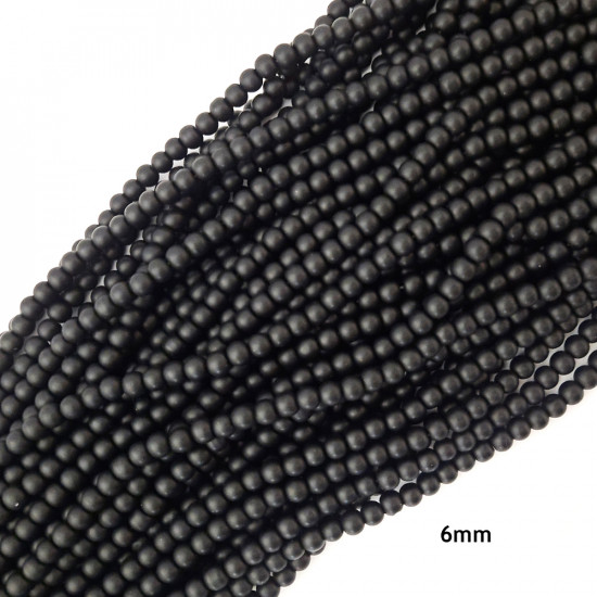 Glass Beads 6mm Round - Matte Black - 1 String / 130 Beads