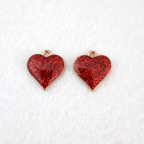 Metal Charms 17mm Heart #13 - Golden & Red Glitter - 2 Charms
