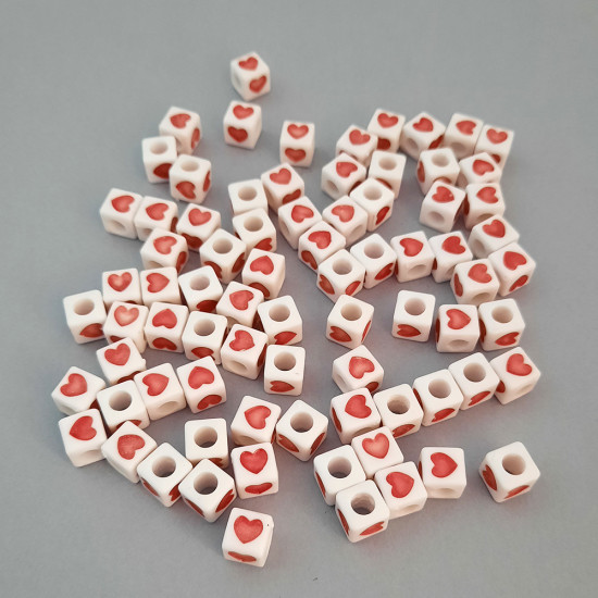 Acrylic Beads 7mm Cube Heart - White & Red - 75 Beads