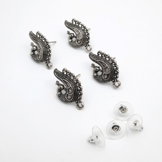 Earring Studs Design #28 Peacock - Antique Silver - 2 Pairs