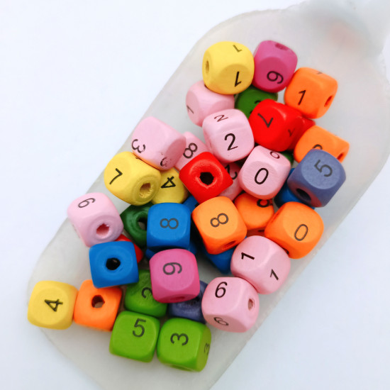 Wooden Beads 10mm Cube - Numbers Assorted - 40 Beads