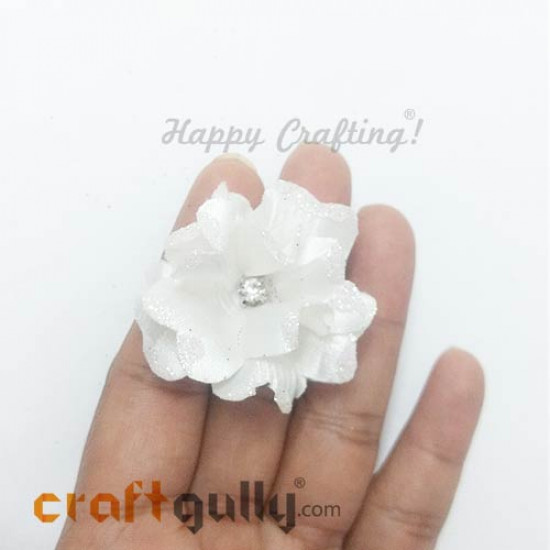 Fabric Flowers 40mm - White With Glitter - Pack of 4