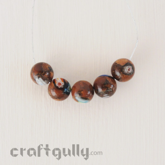 Millefiori Glass Beads 10mm - Brown Shimmer and Flowers